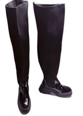 Women’s Black Patent Super Thigh High 31" Chunky Heel Ribbed Boots Sz 11